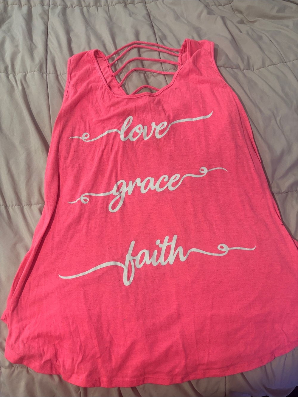 Pink Strappy Back Tank Top with 'Love Grace Faith' Script